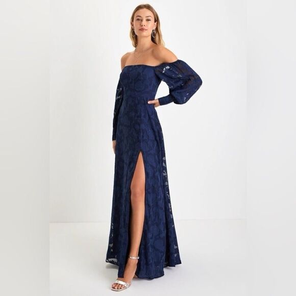 Lulus Radiantly Stunning Navy Blue Burnout Off-the-Shoulder Maxi Dress Size XS - Picture 10 of 16